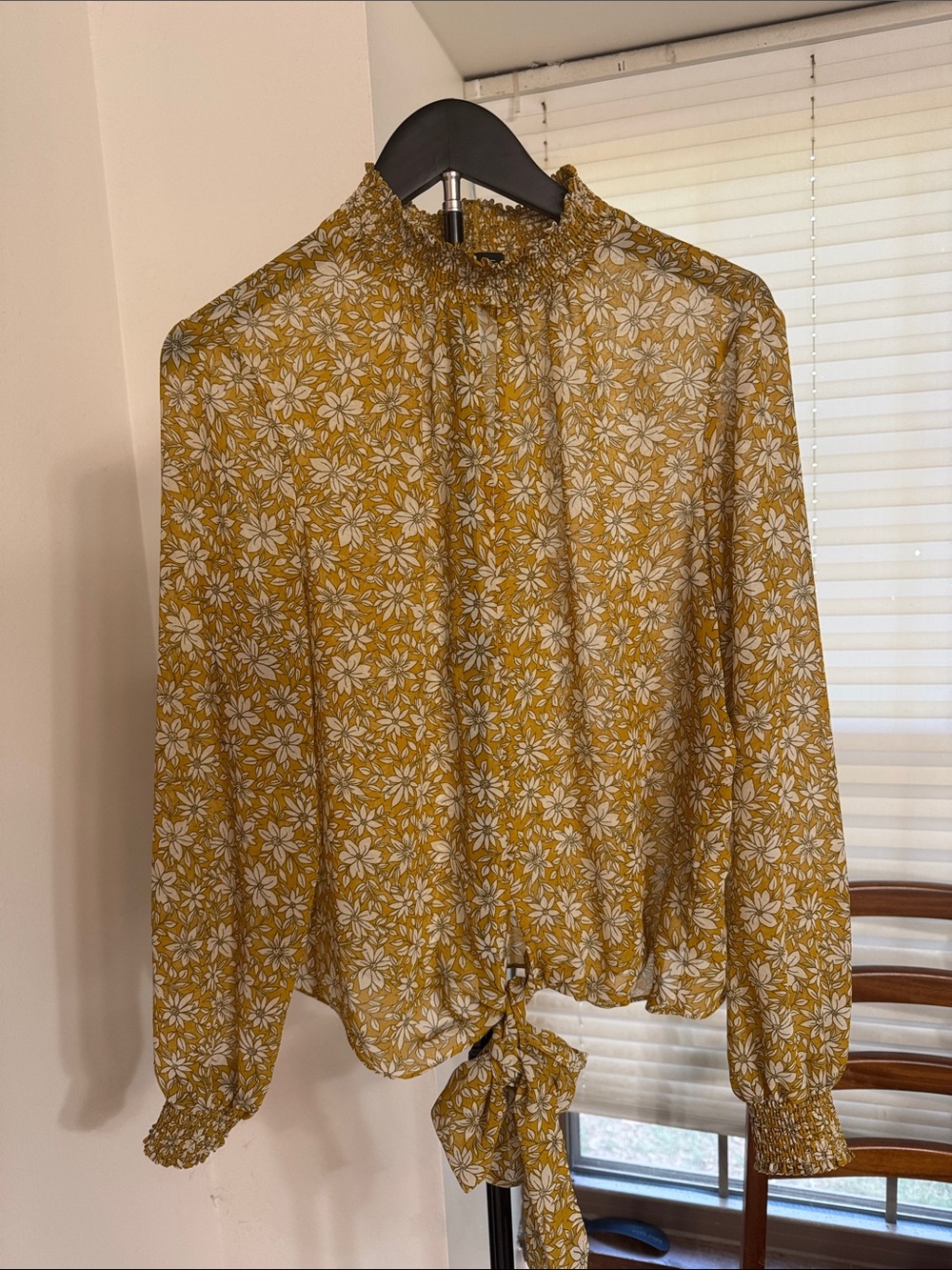 1.STATE Mustard Yellow and White Floral Smocked Top, keyhole neckline